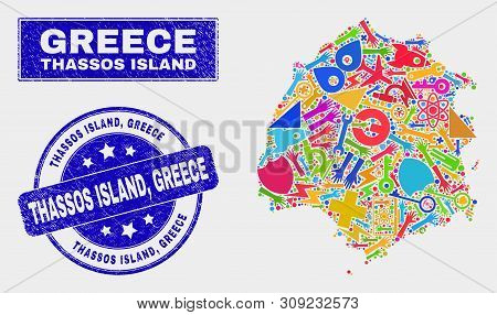 Mosaic Tools Thassos Island Map And Thassos Island, Greece Seal Stamp. Thassos Island Map Collage Fo