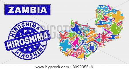 Mosaic Tools Zambia Map And Hiroshima Watermark. Zambia Map Collage Formed With Scattered Bright Equ