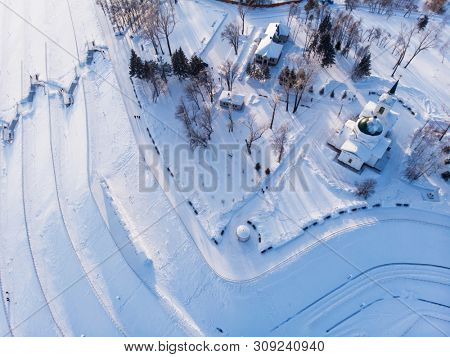 Aerial shot of main view to Barnaul city, Siberia, Russia. Winter sunny day in Barnaul, Russia