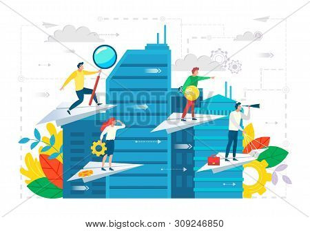 Business Ambitions Vector, Businessman With Magnifying Glass And Woman Holding Cogwheel In Hands, Ci