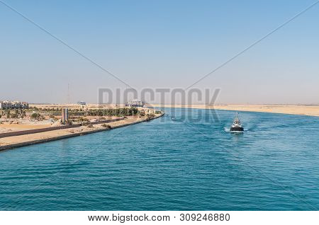 Suez, Egypt - November 5, 2017: Large Container Vessels (ships) Passing Suez Canal Near Suez, Egypt,