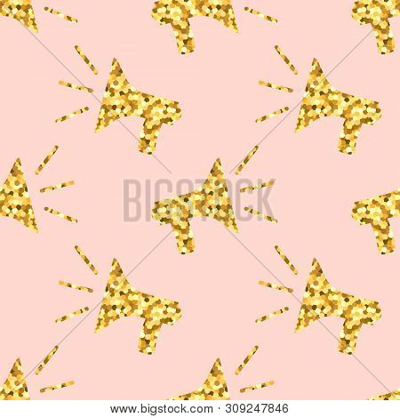 Seamless Pattern With Megaphone, Gold Glitter Texture, Pink And Gold. Stylish Background, Creative C