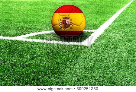 Soccer Ball On A Green Field, Flag Of Spain