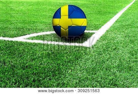Soccer Ball On A Green Field, Flag Of Sweden