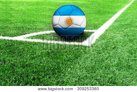 Soccer Ball On A Green Field, Flag Of Argentina