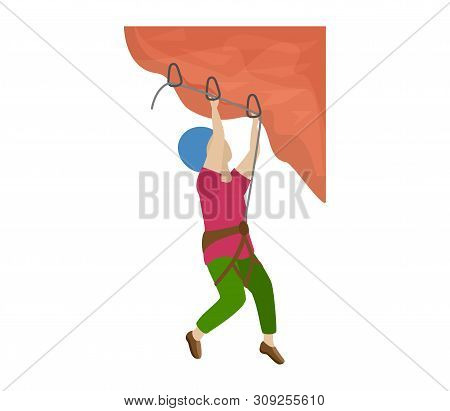 Kids Climbing Vector Climber Children Character Climbs Rock Mountain Wall Or Mountainous Cliff Illus