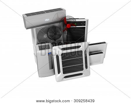 Concept Group Of Equipment For Cooling And Air Conditioning View Of 3d Render On White Background No