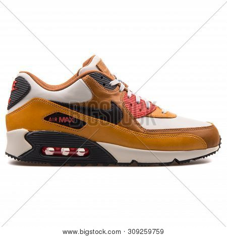 Vienna, Austria - August 25, 2017: Nike Air Max 90 Escape Qs White And Brown Sneaker On White Backgr