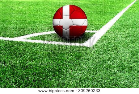 Soccer Ball On A Green Field, Flag Of Denmark