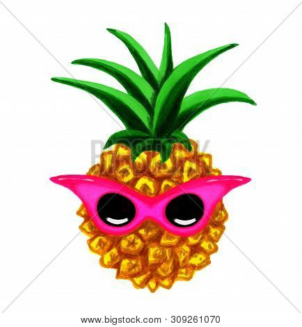 Pineapple With Glasses Exotic Fruit Illustration Nature Summer Tropical Drawing Fresh