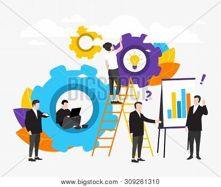 Business Concept. Vector Illustration, Single Mechanism, Background With Gears, Flat Design Style. P
