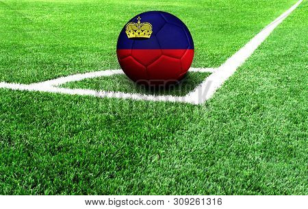 Soccer Ball On A Green Field, Flag Of Liechtenstein