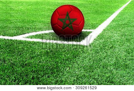 Soccer Ball On A Green Field, Flag Of Morocco