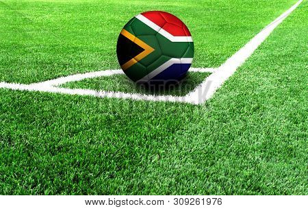Soccer Ball On A Green Field, Flag Of South Africa