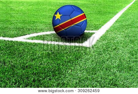 Soccer Ball On A Green Field, Flag Of Congo Democratic