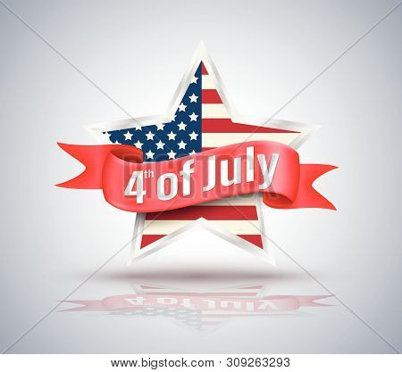 4th Of July Red Ribbon With Usa Star. Vector  Illustration.