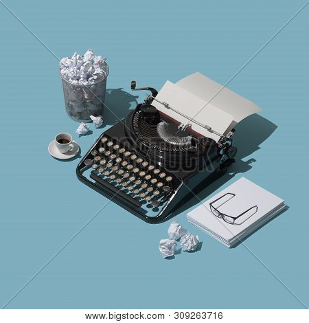 Fear Or The Blank Page And Lack Of Inspiration: Vintage Typewriter With Blank Sheet And Lots Of Crum