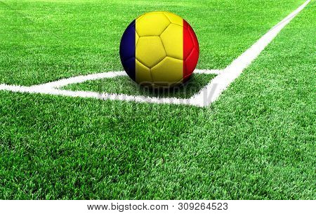 Soccer Ball On A Green Field, Flag Of Romania