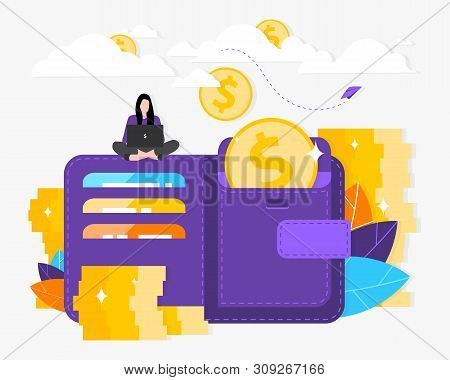 Vector Illustration. Money, Coin Purse, Open Wallet. Freelance. The Concept Of Earnings And Large Pr