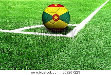 Soccer Ball On A Green Field, Flag Of Grenada