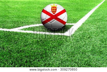 Soccer Ball On A Green Field, Flag Of Jersey