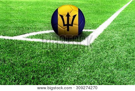 Soccer Ball On A Green Field, Flag Of Barbados
