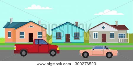 Cars Driving Along Streets Of City Vector, Town With Buildings And Private Houses, Greenery And Mead