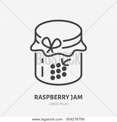 Raspberry Jam Flat Line Icon. Vector Thin Sign Of Glass Jar With Jelly Logo. Preserve Outline Illust