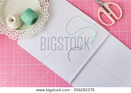 Book Binding. Thread And Pages. Handmade Coptic Binding. Paper Crafts, Scrapbooking. Copy Space For 