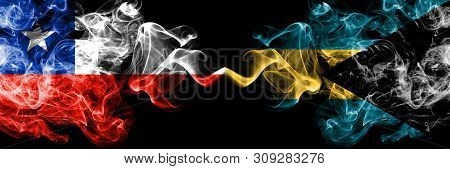Chile Vs Bahamas, Bahamian Smoky Mystic Flags Placed Side By Side. Thick Colored Silky Smokes Combin