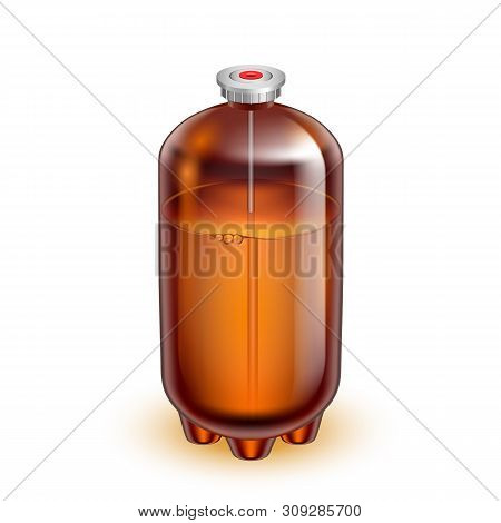 Classic Glass Keg Barrel For Mineral Water Vector. Blank Brown Sealed Glass Can With Special Valve F