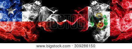 Chile Vs Peru, Peruan Smoky Mystic Flags Placed Side By Side. Thick Colored Silky Smokes Combination