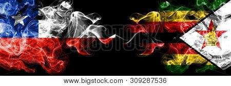 Chile Vs Zimbabwe, Zimbabwean Smoky Mystic Flags Placed Side By Side. Thick Colored Silky Smokes Com