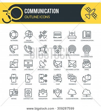 Set Of Outline Icons On Following Themes - Web Network, Communication, Connectivity And Other. Each 