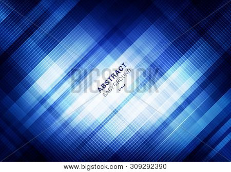 Abstract Striped Blue Grid Pattern With Lighting On Dark Background. Geometric Squares Overlapping D