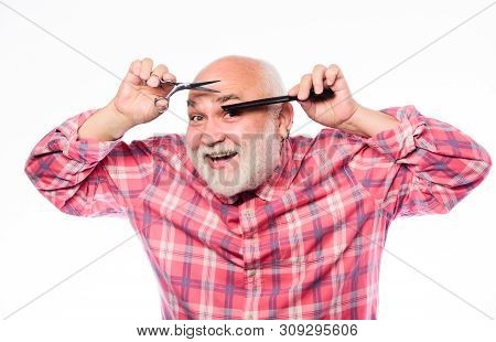Looking Trendy. Barbershop Concept. Shaving Accessories. Unshaven Old Man Has Moustache And Beard. M