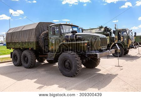 Samara, Russia - May 18, 2019: Green Russian Military Truck Ural 4320 Worth In The Row On A City Str