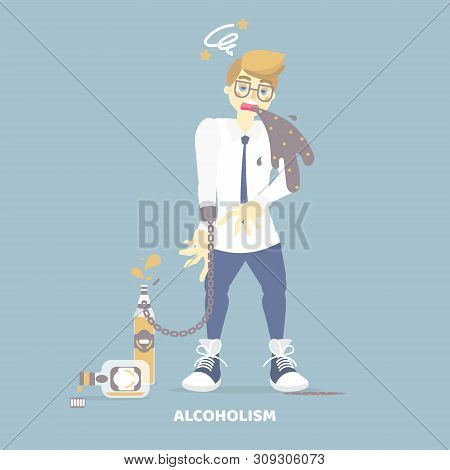 alcoholic drunk man vomiting, having dizziness, holding bottle of alcohol, health care disease, alcoholism concept, flat character design clip art vector illustration