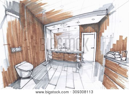 Handmade Sketch Of A Luxury Modern Bathroom, Sink With Mirror, Watercloset In Tiled Bathroom In Grey