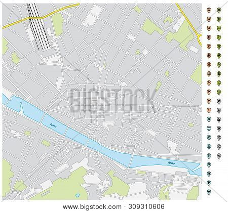 Street Map Of Downtown Florence With Pin Pointers And Infrastructure Icons