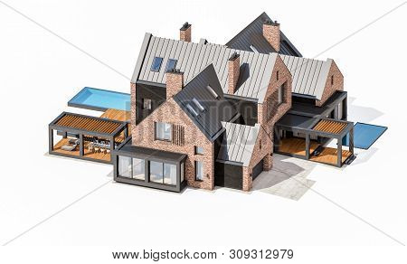 3D Rendering Of Modern Clinker House On The Ponds With Pool Isolated On White