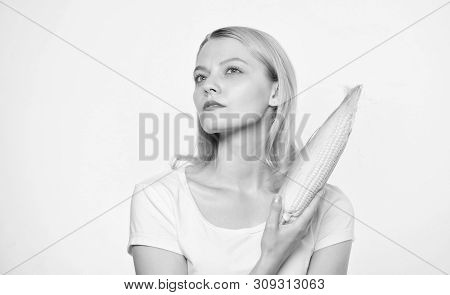 Healthy Teeth. Agriculture And Cultivation. Woman Eating Corn. Vegetable Harvest. Agriculture Indust