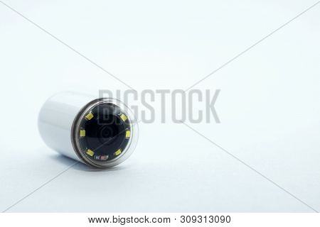 Capsule With Camera For Capsular Endoscopy Close Up On White Background, Copy Space