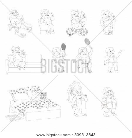 A Set Of Contour Monochrome Images Of A Fat Man In Different Life Situations