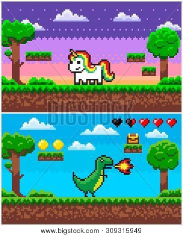 Unicorn And Dinosaur Characters Vector, Pixel Game With Players And Icons, Health Life Points, Treas