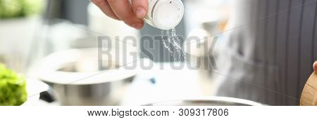 Male Hand Hold Saltcellar Salt Soup Cloceup Concept Aganist Kithen Background