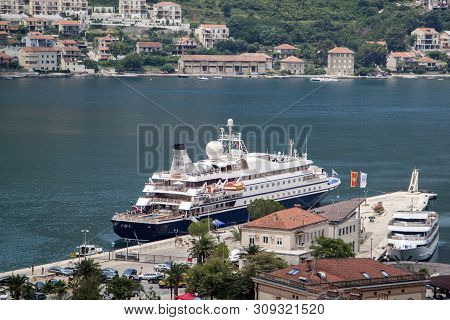Close Up View Of The Cruise Ship At The Pier In The Bay Of Kotor, Montenegro