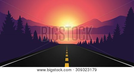 Road To The Lake In The Forest At Sunrise With Mountain Landscape Vector Illustration Eps10