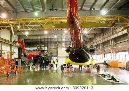Tyumen, Russia - June 5, 2019: Aircraft Repair Helicopter Utair Engineering Plant. Mi-8 Helicopter D