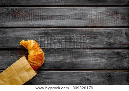 Fresh Pastry With Croissant In Paper Bag On Wooden Background Top View Mockup